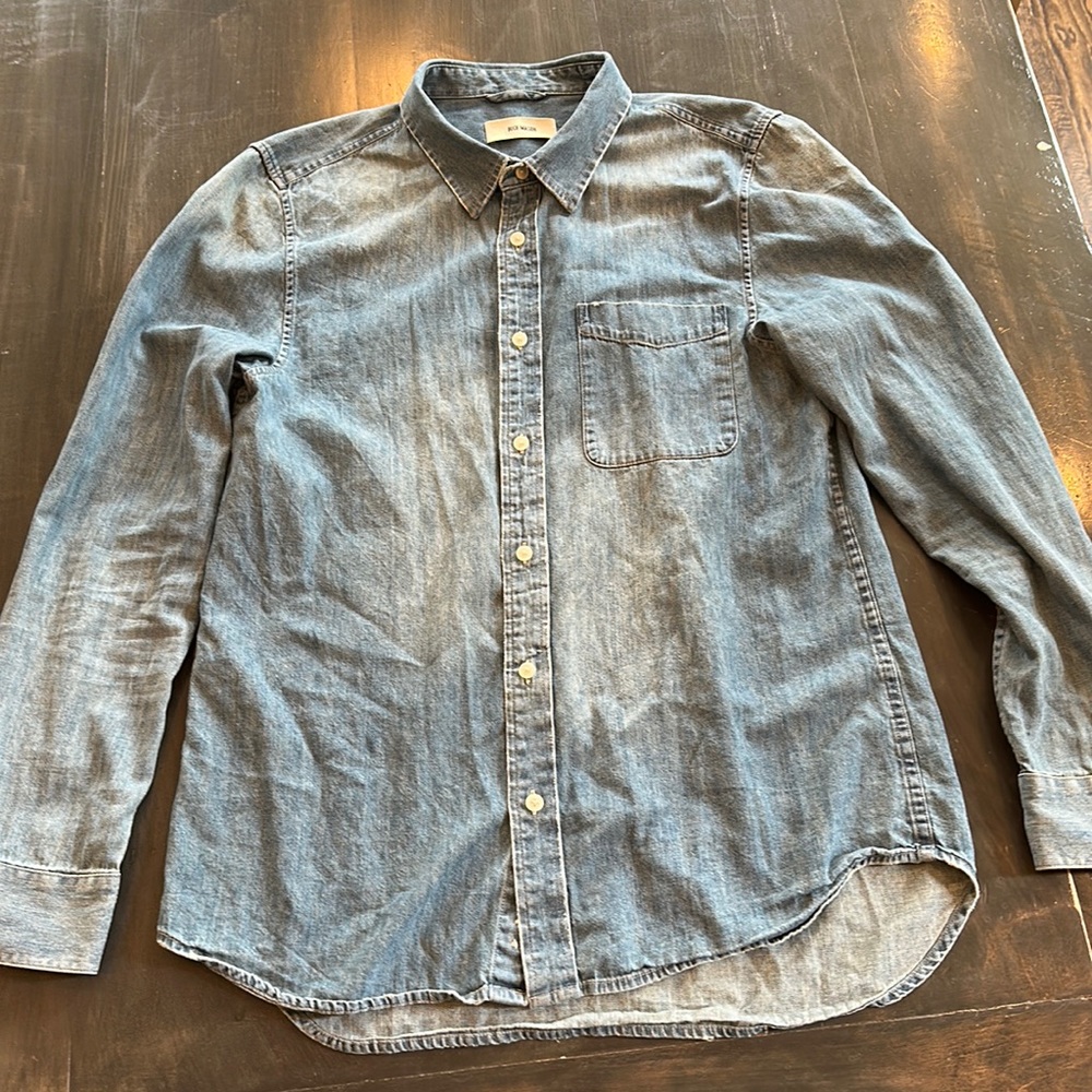 Buck Mason distressed denim shirt. Sz L